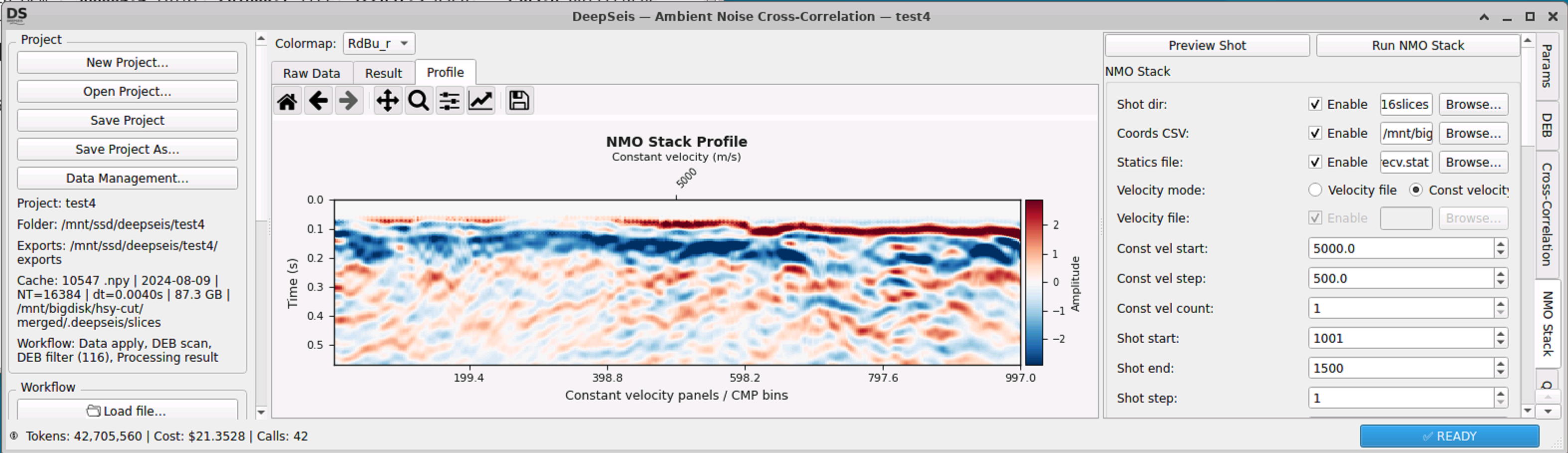 NMO Stack Profile — DeepSeis test4 project, constant velocity 5000 m/s, 500 m/s step