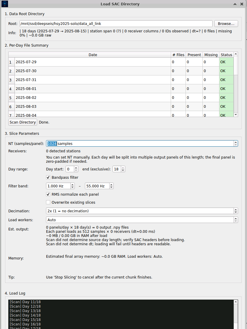 DeepSeis Load SAC Directory Interface