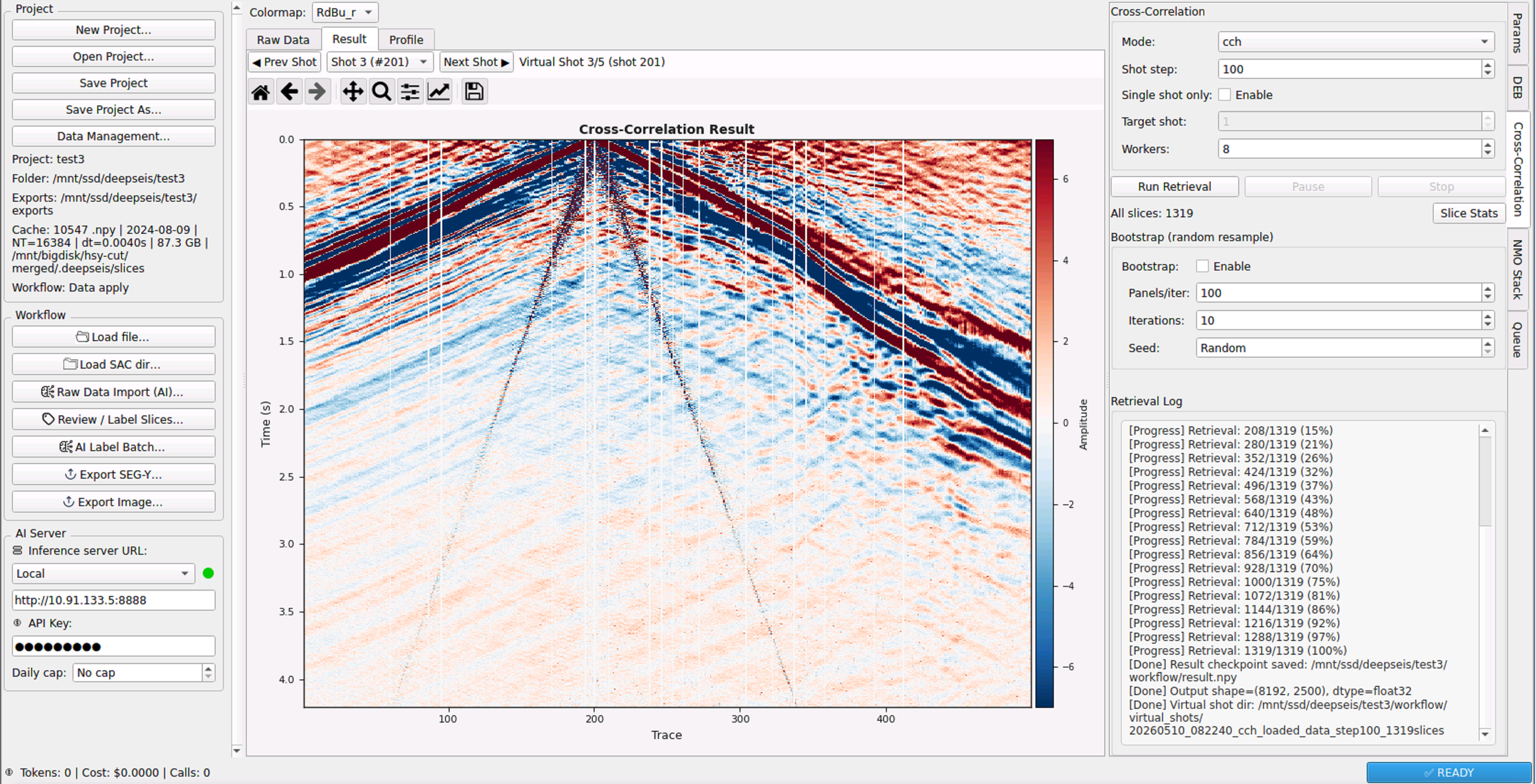 Virtual Shot Gather — Cross-Correlation Result (Shot 3, 1319 slices)